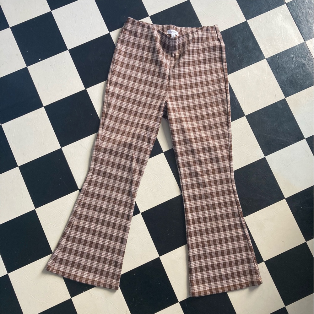 Brown Plaid Stretchy Ankle High-Waisted Flare Pants